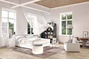 Bright white luxury rendered bedroom interior with blowing curtains on tall windows above a comfortable double bed with seating and a bookcase on a painted white wood floor.  3d Rendering